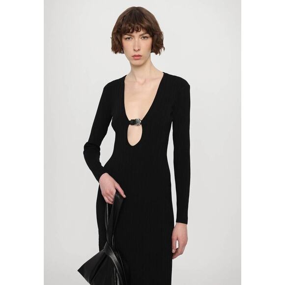 Staud Murphy Plunging V Neck Midi Dress in Black XS - Picture 3 of 5